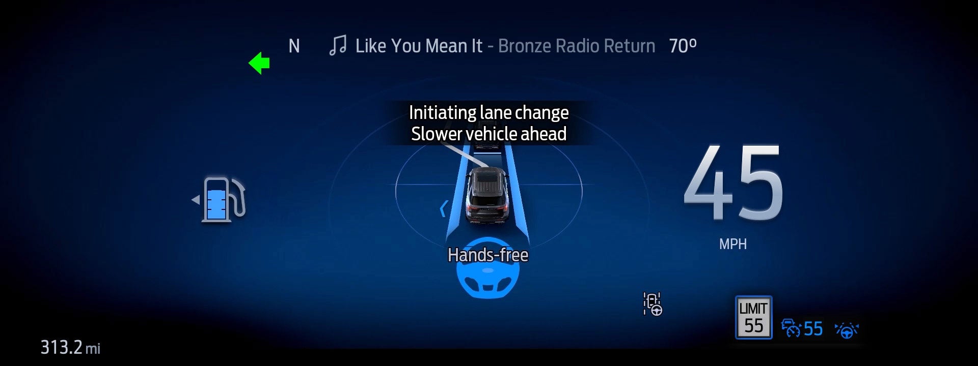BlueCruise hands-free driving display showing lane change assist